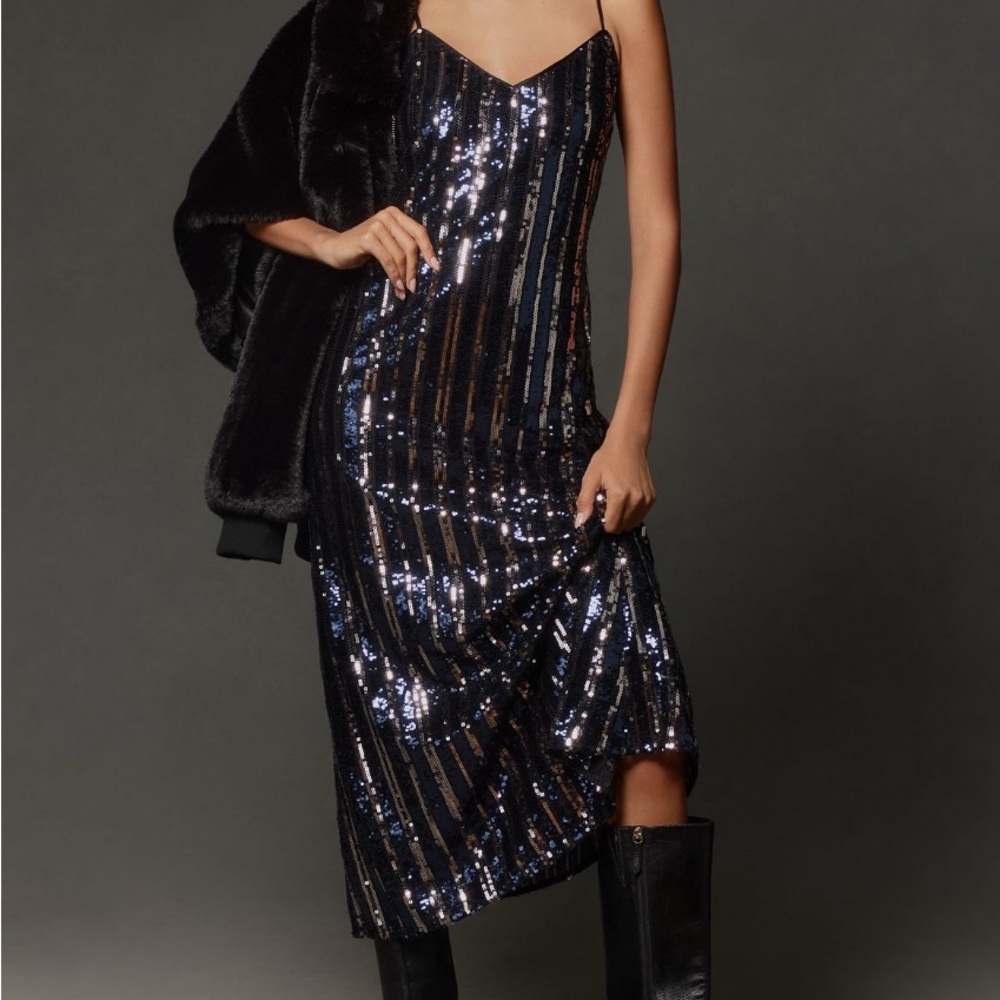Maeve Navy and Silver Sequin Midi Dress